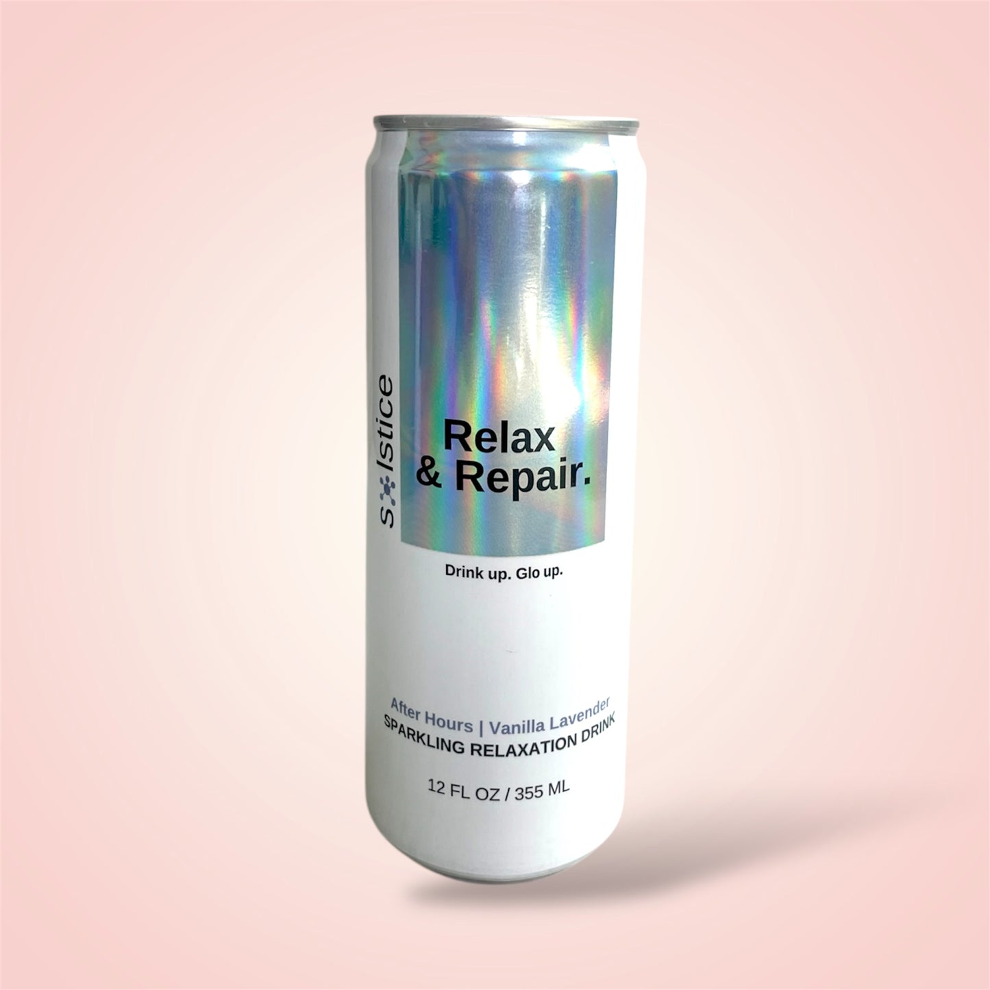 Silver can with 'Relax & Repair' text on a pink background - A skin care drink made for relaxation. Giving you the most restful sleep.
