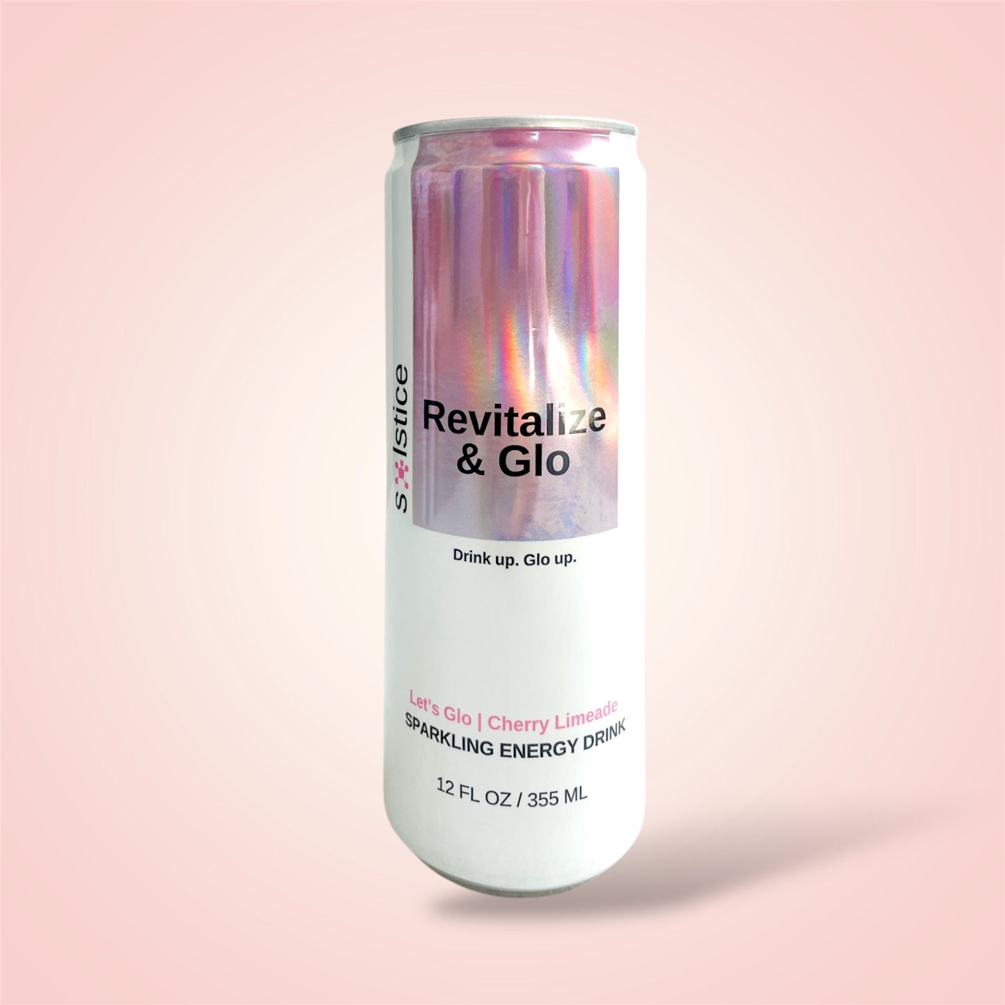 Sparkling energy drink can with 'Revitalize & Glo' branding on a pink background. A skin care drink in Cherry Limeade with clean energy. This drink helps reduce fine lines and wrinkles.