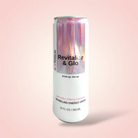 Sparkling energy drink can with 'Revitalize & Glo' branding on a pink background. A skin care drink in Cherry Limeade with clean energy. This drink helps reduce fine lines and wrinkles.