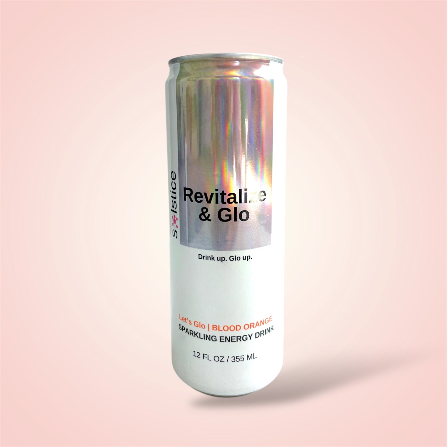 Sparkling energy drink can with 'Revitalize & Glo' branding on a pink background - Clean energy with skin care benefits. A skin care drink made to help your skin reduce fine lines, wrinkles and acne.