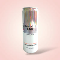 Sparkling energy drink can with 'Revitalize & Glo' branding on a pink background - Clean energy with skin care benefits. A skin care drink made to help your skin reduce fine lines, wrinkles and acne.